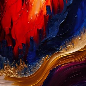 Gold, red, navy blue abstract art