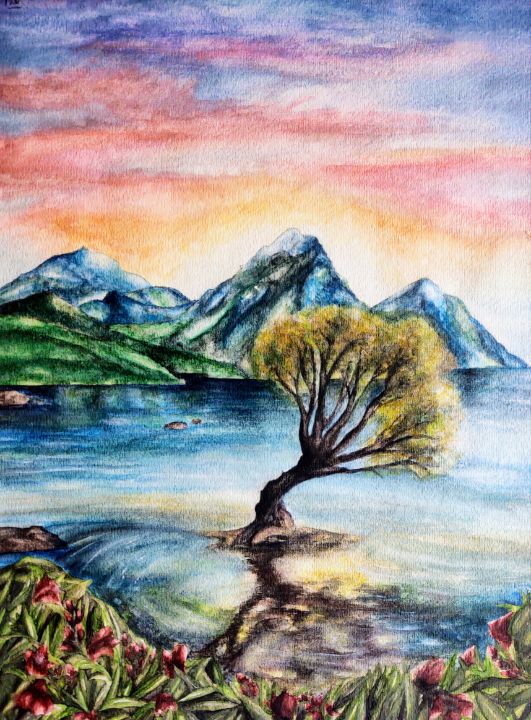 Lake Sunset Painting, Blue Landscape Watercolor Painting, Or