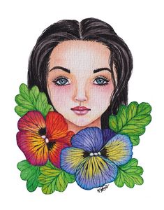 Girl With Pansy Flower In Watercolor