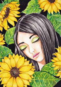 Sunflowers And Girl In Watercolor