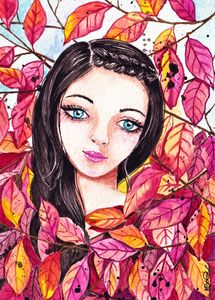 Autumn Girl And Leaves In Watercolor