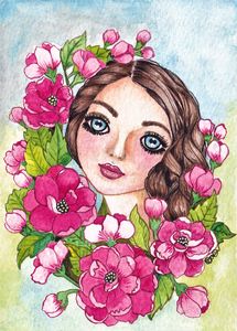 Peony Flowers And Girl In Watercolor