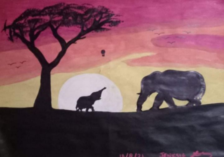 Silhouetted mummy and baby elephant - Jenksies Arts