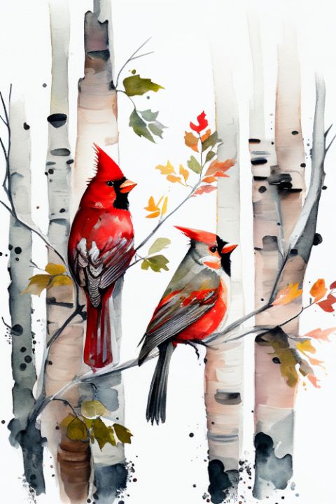 Birch trees and Cardinals - Myartworkstile