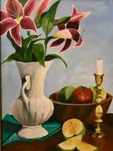 Vase, flowers and candlestick