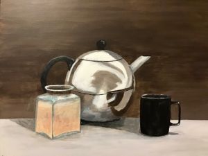 Still life of kettle, cup, and jar