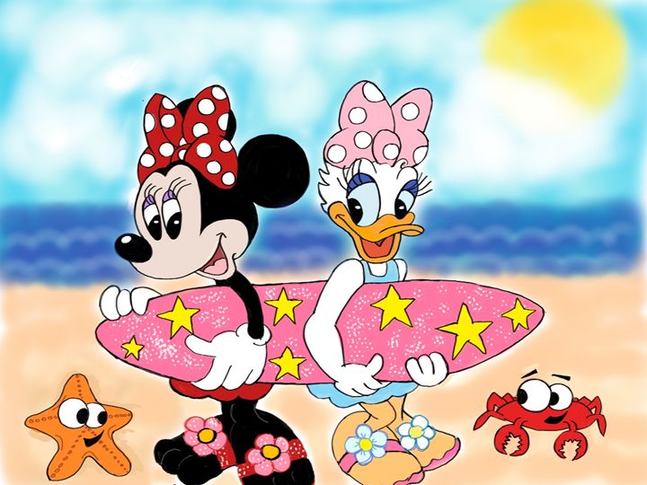 Minnie mouse & Daisy duck surfing - Artistically unique.
