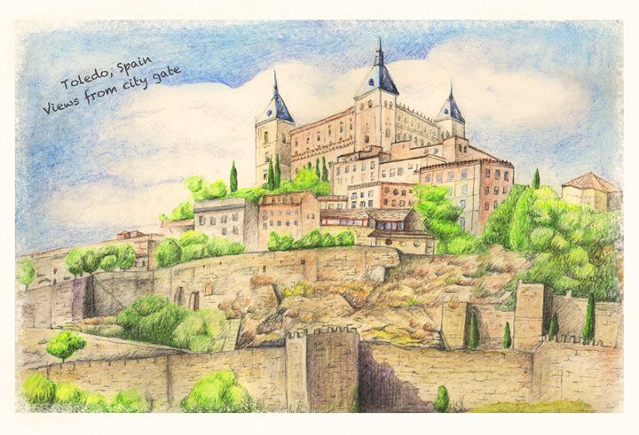 Toledo, Views from City Gate - Watercolor Pencil Illustrations