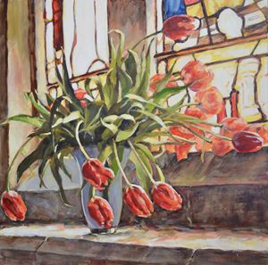 TULIPS ON THE CHURCH WINDOWSILL