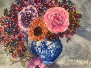 Flowers in Blue Vessel