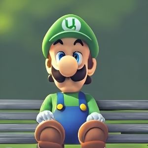 Luigi Sad on Park Bench - 1 Coin Only