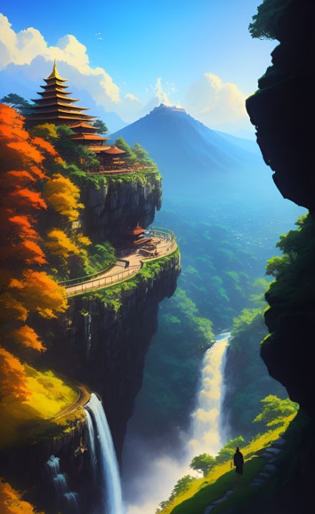 Cliff temple with waterfall - Cloudsky23 - Digital Art & AI, Landscapes ...
