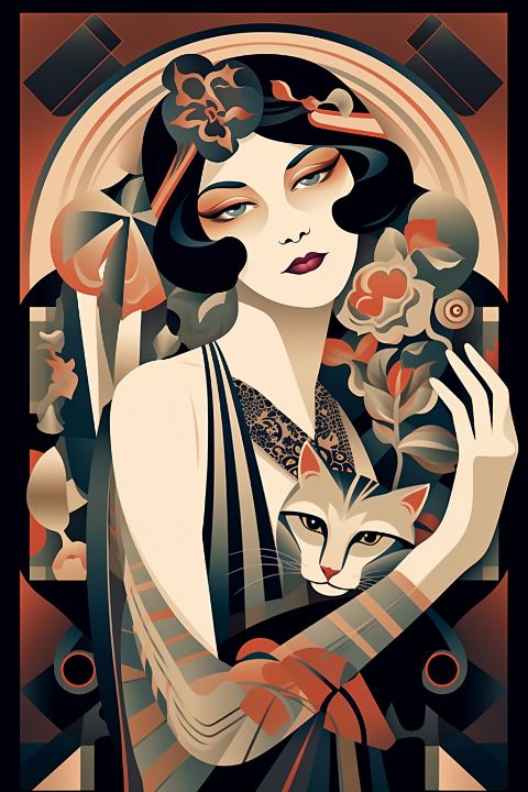 Art Deco Woman with Cat JKF Digital Art AI Abstract