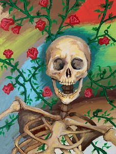 Skeleton in rose garden