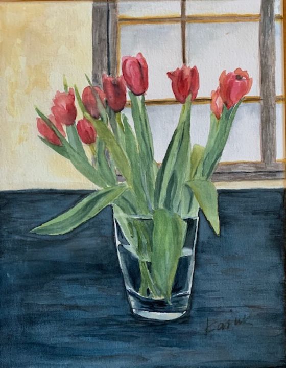 Tulips in a Glass Vase - Karin Minshull Original Watercolor paintings