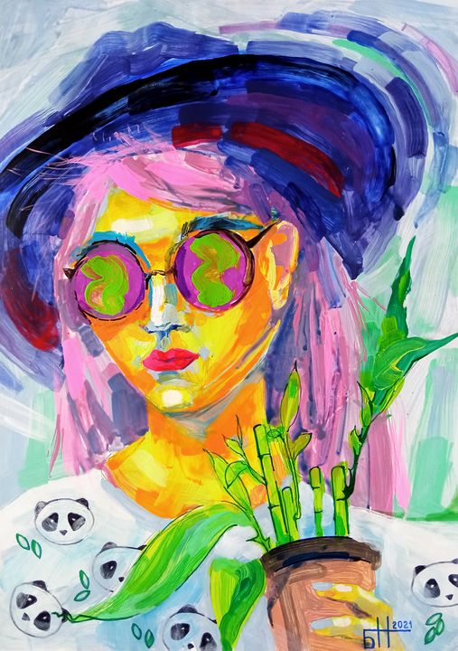 Girl with bamboo and pandas - Nataliia Belozerova