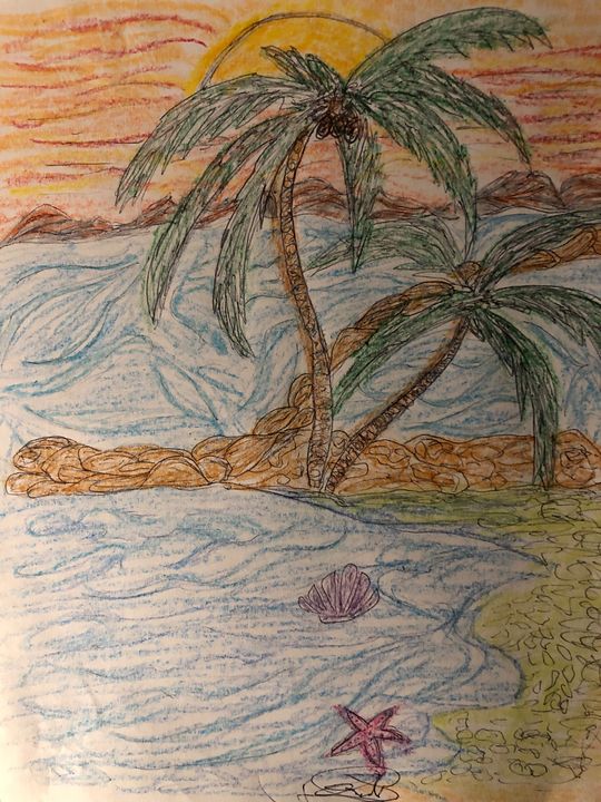 Sunset at the beach - Drawing artist- print - Drawings & Illustration,  Landscapes & Nature, Beach & Ocean, Islands - ArtPal