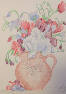 Sweet peas in a brown vase with bow