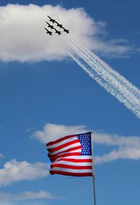 6 FA-18s flying past American Flag