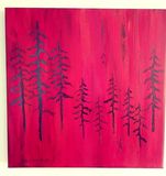 scraffito pine trees. black on red