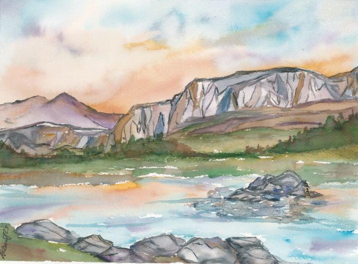 A river runs through at sunset - Alkaline Watercolors - Paintings ...