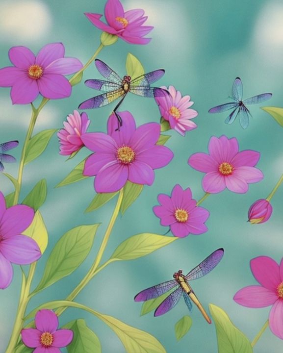 Pink flowers and dragonflies - Creative creation - Paintings & Prints ...