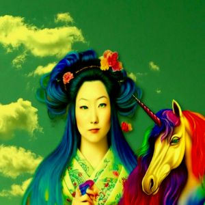 Geisha and her unicorn in a peaceful - pepita Selles