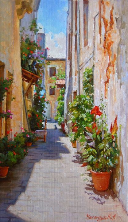 Street of flowers Chania. Crete - Ksenia Yarovaya - Paintings & Prints ...