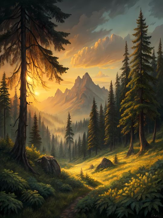 Oil Painting of Forest and Mountain - Artful Vision - Digital Art ...