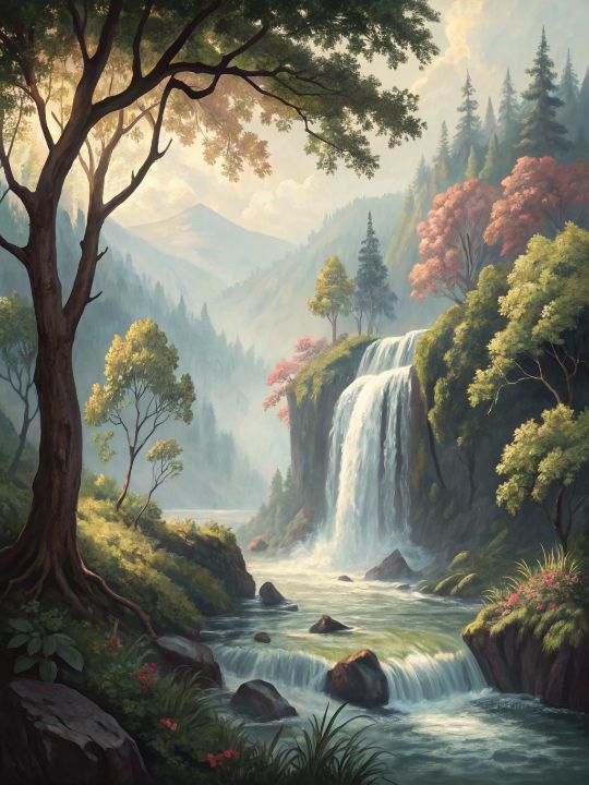 Lush Forest Waterfall Oil Painting - Artful Vision - Digital Art & AI ...