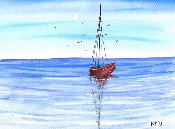 Red boat on the sea Katarina Art World Paintings Prints