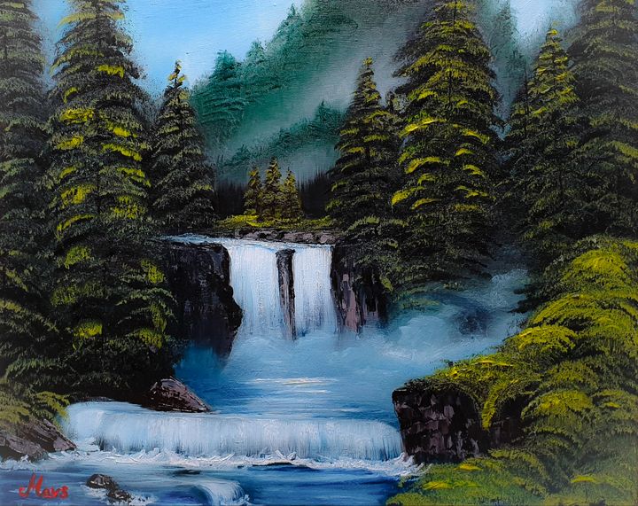 Bob Ross - Mountain Waterfall, Signed Original Painting