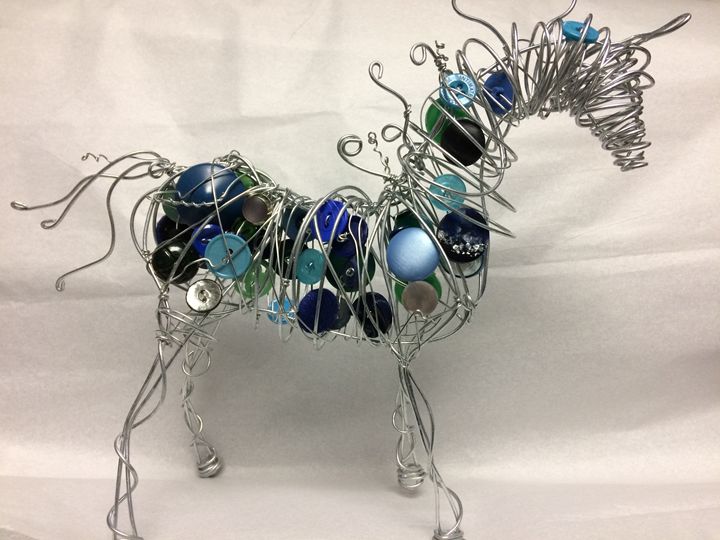 Blue button Pony - Wire Ponies & Paintings on Glass