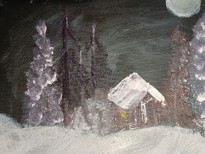 Night time snowy cabin in moonlight