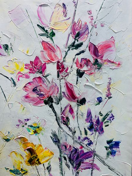 Brush strokes colorful flowers Painting on Canvas For Sale