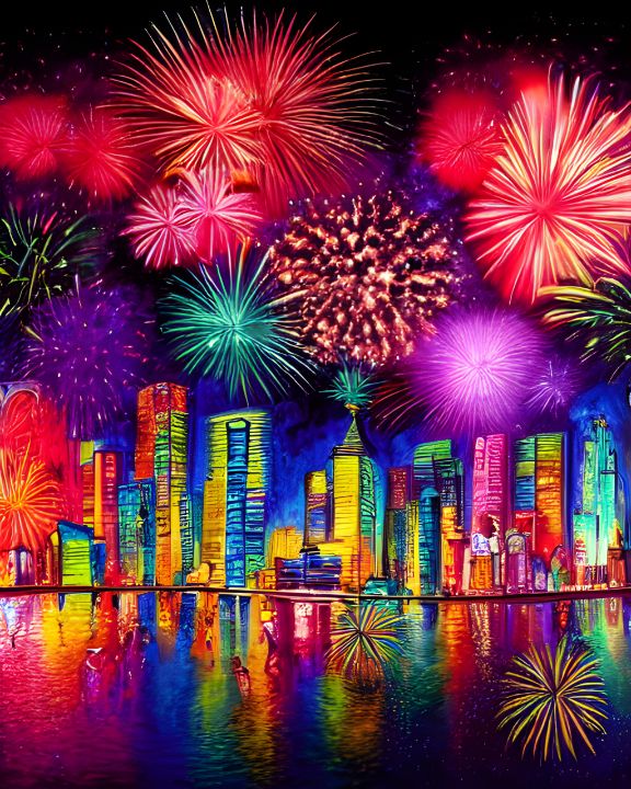 Fireworks over city at lake Mina Nakamura Digital Art, Holidays