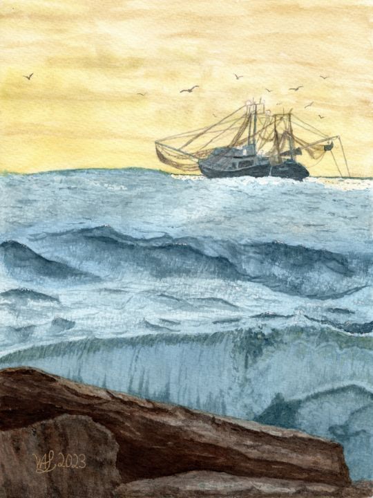 Ocean Fishing Boat Near Rocky Shore - Artigiani Fine Arts Gallery ...