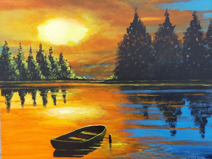 Original Painting on Canvas, Lakeside Sunset 16x20