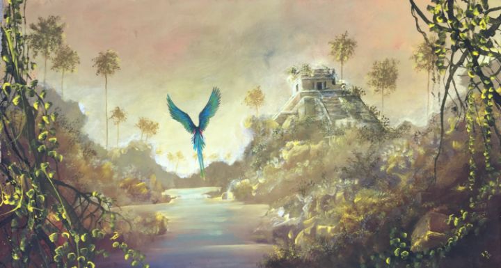 Quetzal with mayan temple. - Rigel Sauri