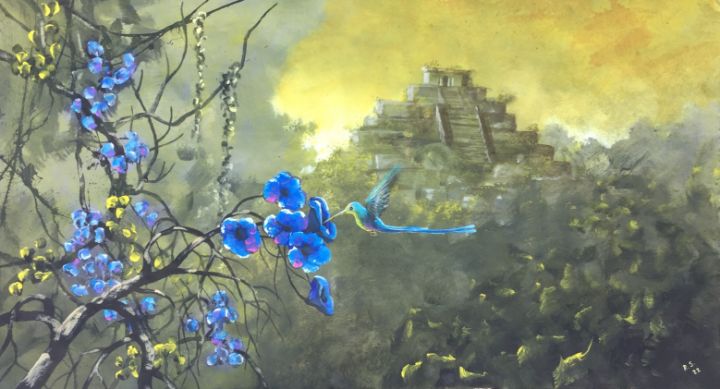 Hummingbird and mayan temple - Rigel Sauri