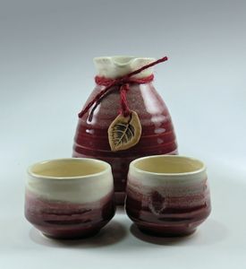 Red Stoneware Sake Set for Two