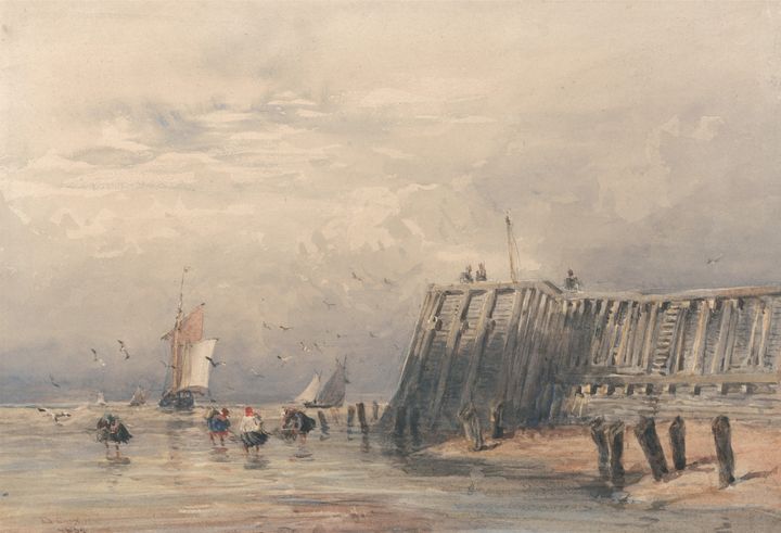 David Cox~Sailing Barges and Shrimpe - Old master