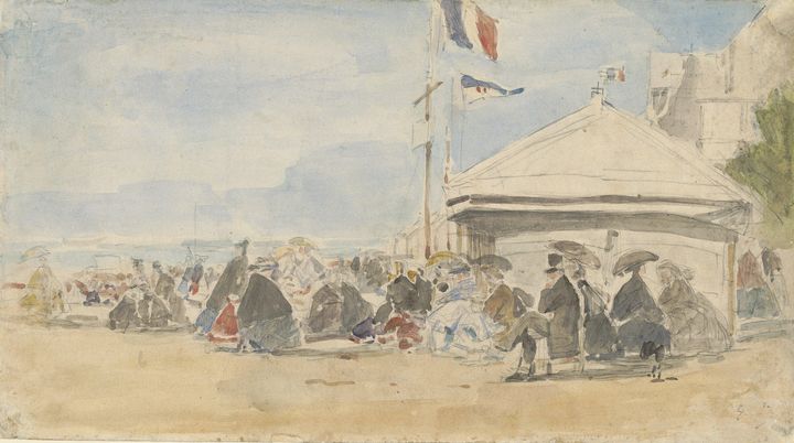 Eugène Boudin~Beach House with Flags - Old master