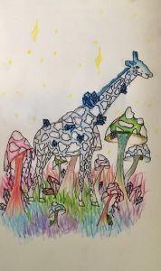 Giraffe in abstract mushroom field