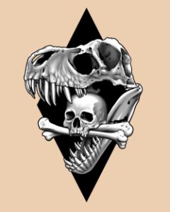 Dinosaur skull and human skull