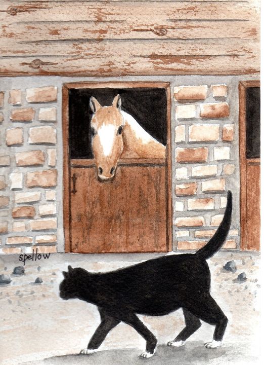 Horse and Black Cat - WatercolorsbySandy