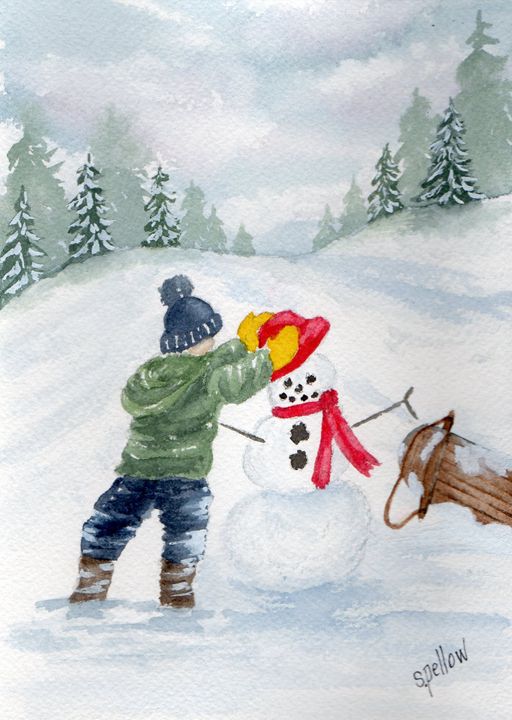 Building a Snowman - WatercolorsbySandy