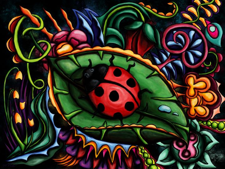Ladybug on leaf in whimsical garden - Nadia Chevrel