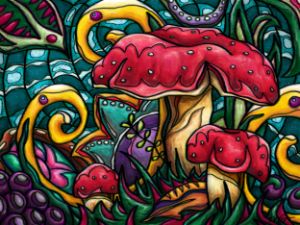 Red mushrooms in magical landscape
