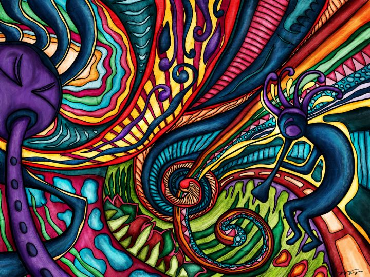 Colorful abstract Kokopelli dancer - Nadia Chevrel